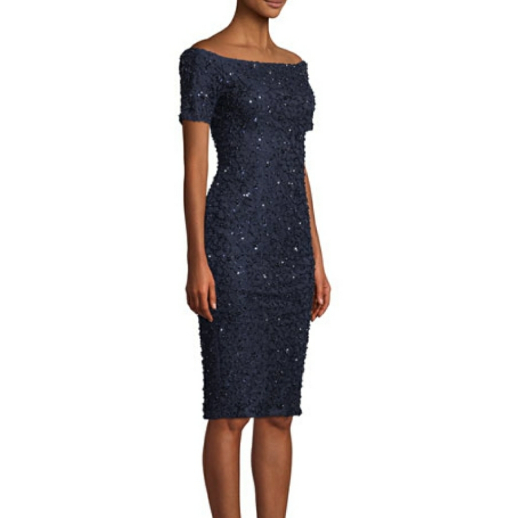 Sequin Beaded Off-The-Shoulder Lace Cocktail Dress